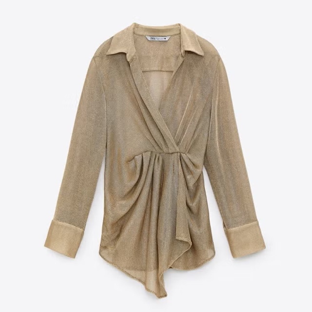 Zara NWT gold metallic knit ruched long sleeve blouse top semi sheer